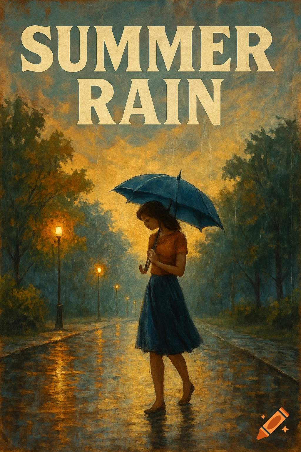 A woman with an umbrella walks in the rain on a street at night, with the text 'SUMMER RAIN' above. Painted style.
