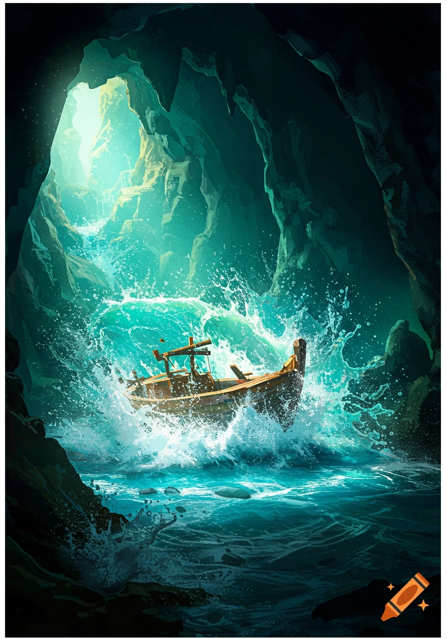 A small boat in a cave entrance is overwhelmed by a large turquoise wave, bright light shines from the opening.