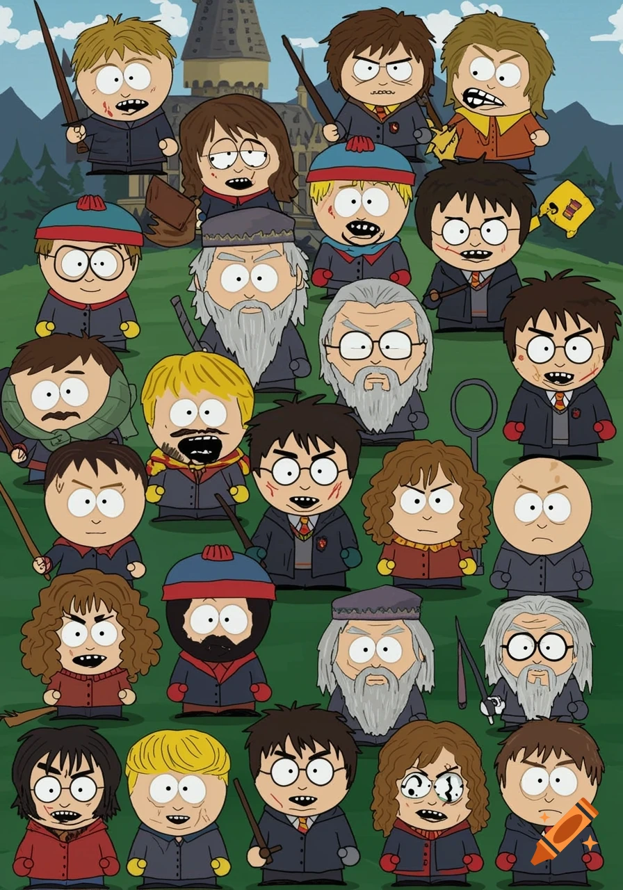 South Park style drawing of many characters dressed as Harry Potter characters in front of a castle.