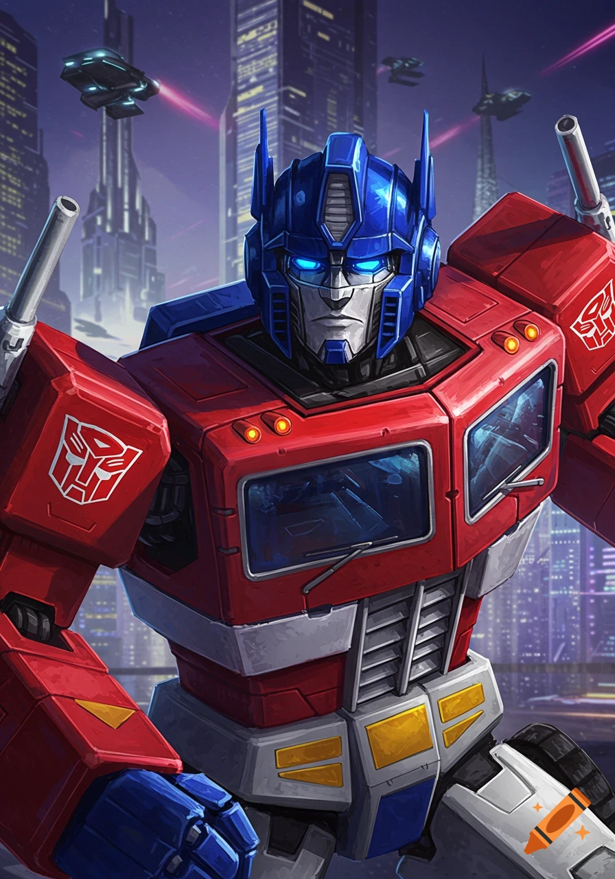 Optimus Prime robot stands in a city at night, digital illustration.