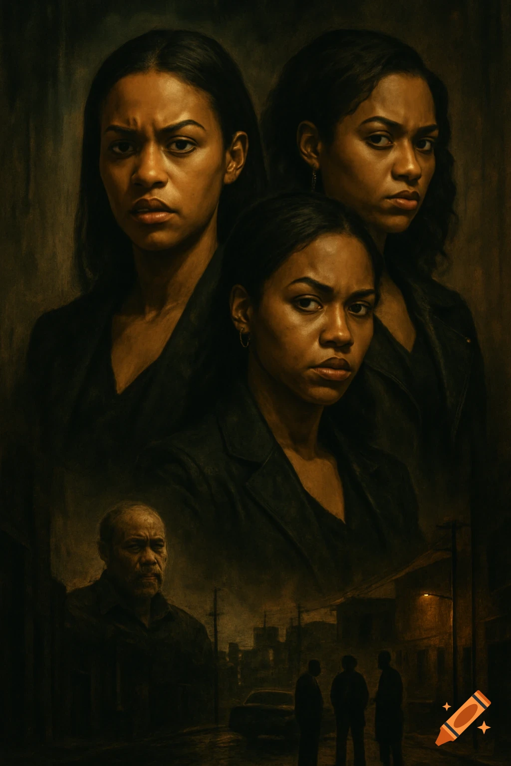 Movie poster with portraits of three women above a dark street scene