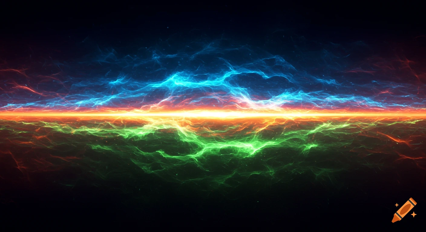 Abstract horizontal lines of blue, green, and orange energy waves on a black background.
