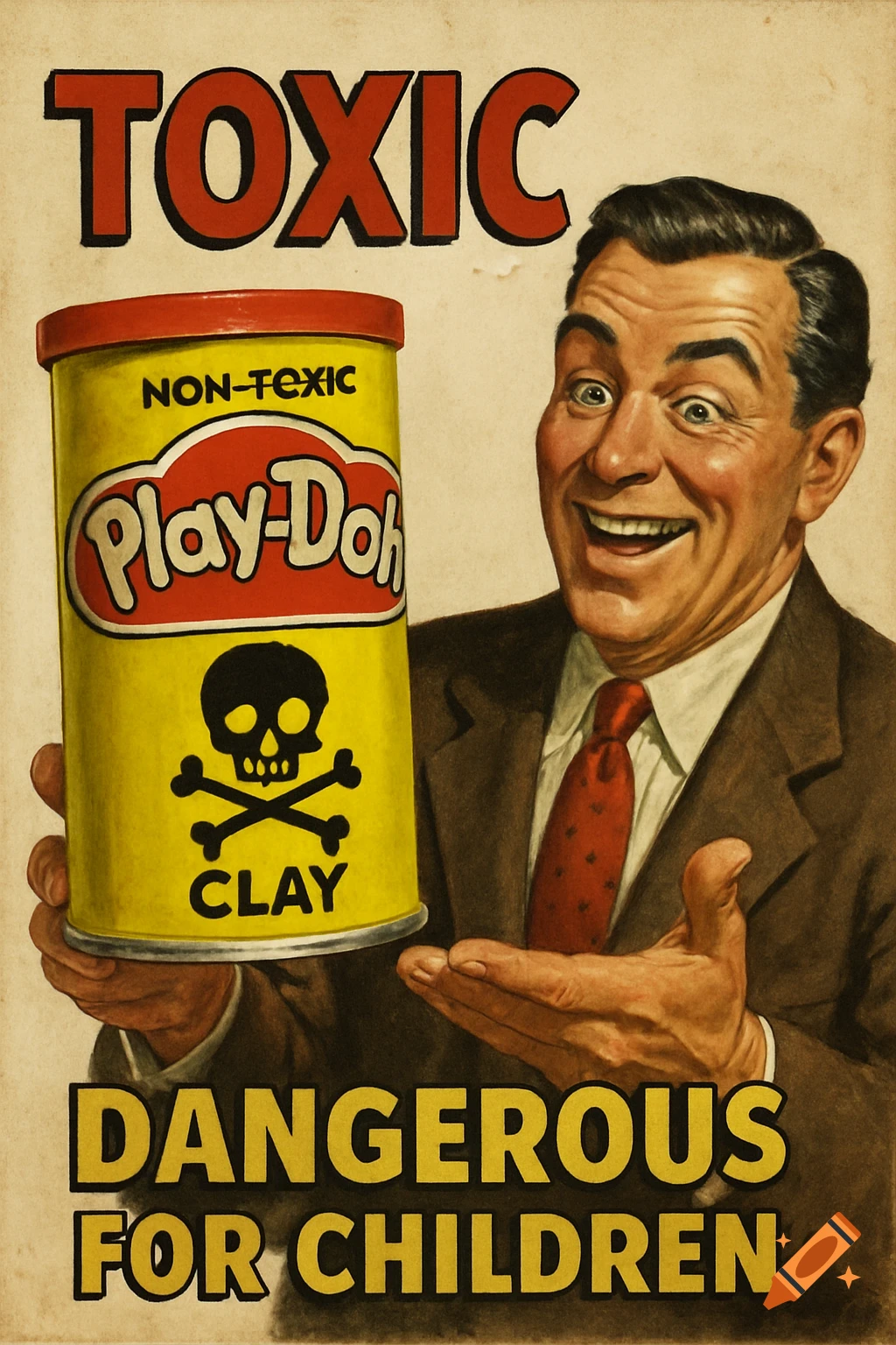 Retro style spoof ad poster of man holding can labeled 'TOXIC Play-Doh CLAY', 'DANGEROUS FOR CHILDREN'.