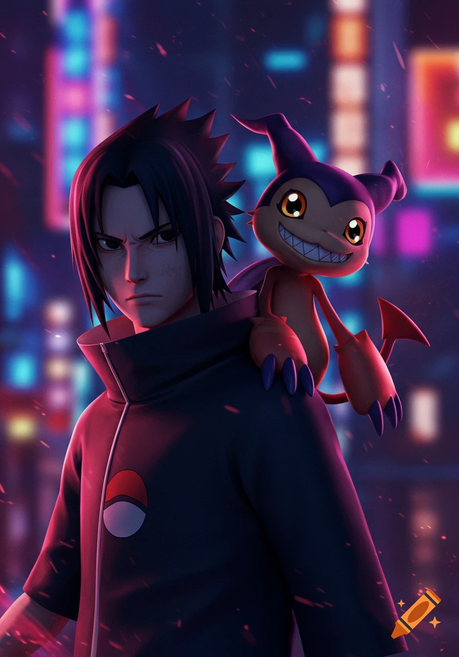 Sasuke Uchiha stands with Impmon perched on his shoulder in a city setting with neon lights.