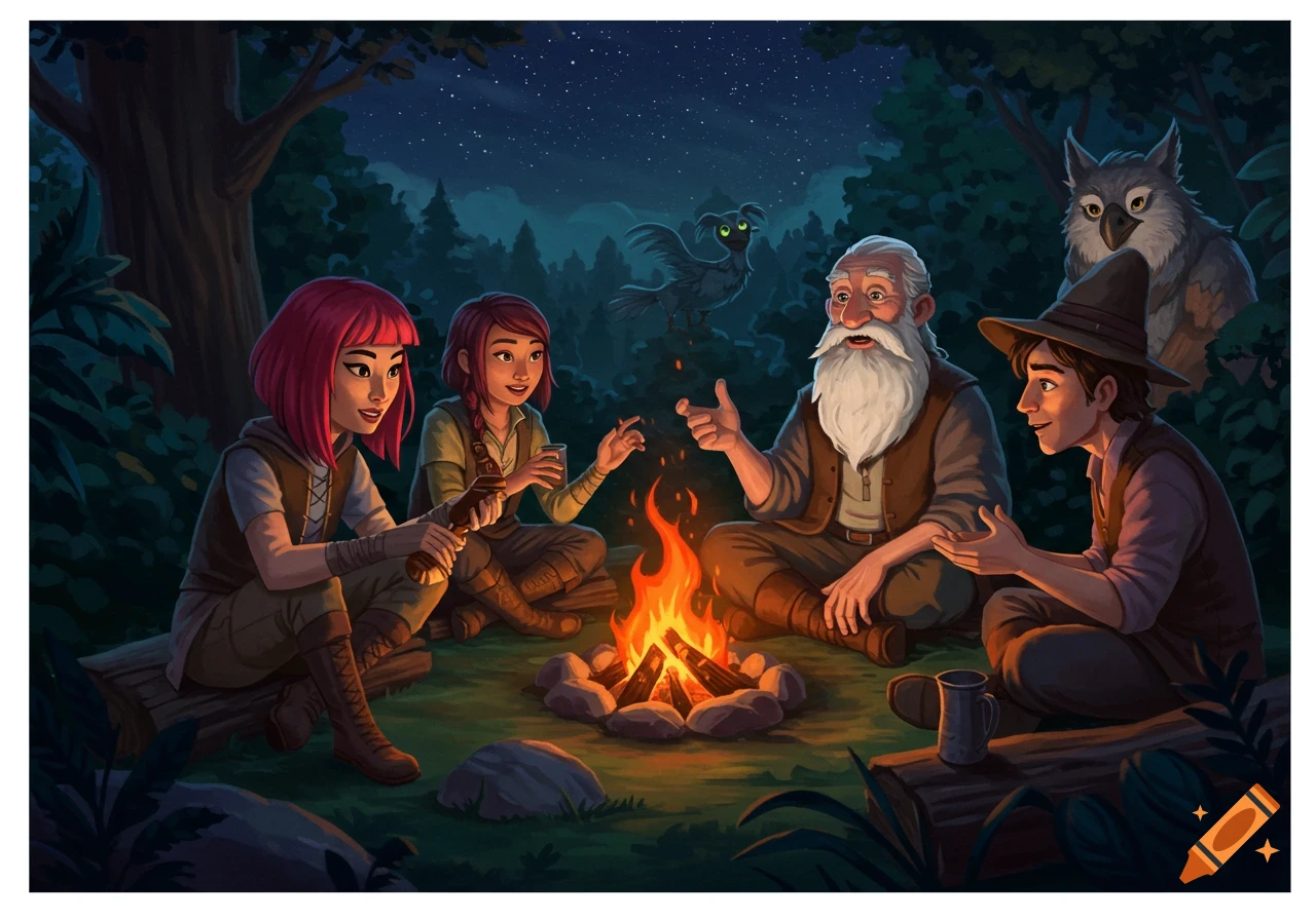 Illustration of diverse group telling stories around a campfire in a forest at night, with owl and bird.