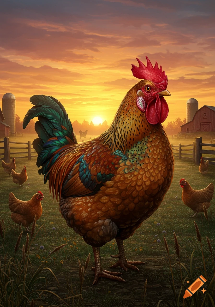 A rooster stands prominently in a grassy farm field at sunset, with several hens visible in the background near a barn and silo.