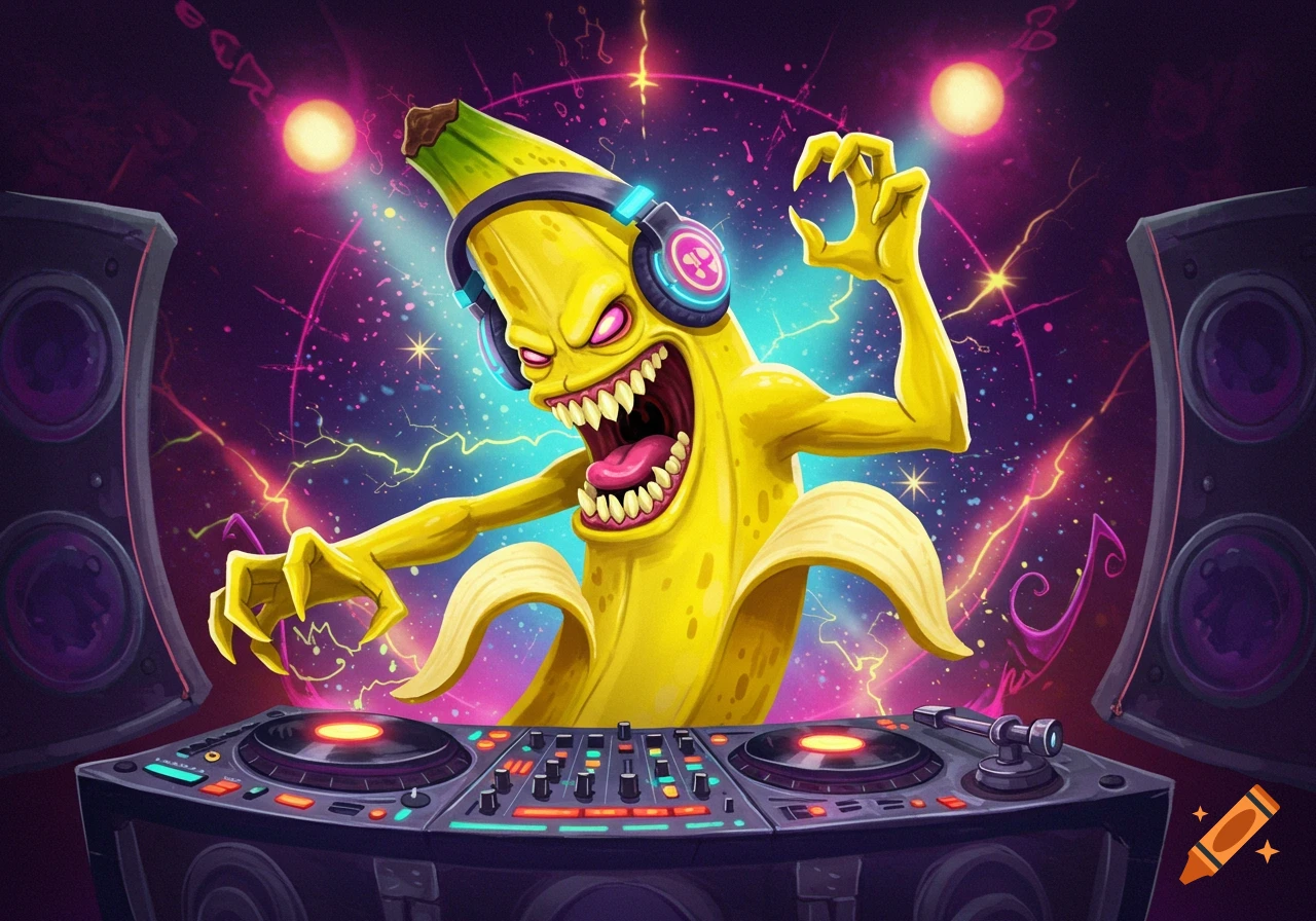 A terrifying, monstrous banana character with sharp teeth and pink eyes DJs at turn tables in a vibrant, stylized neon party scene.