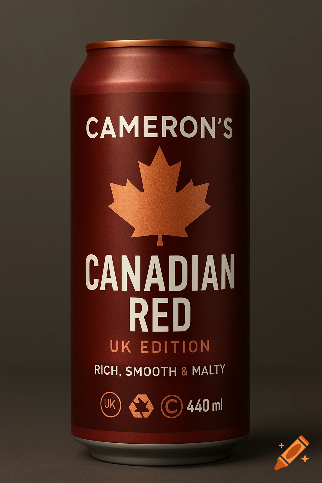 A red and copper beer can with text and a maple leaf.