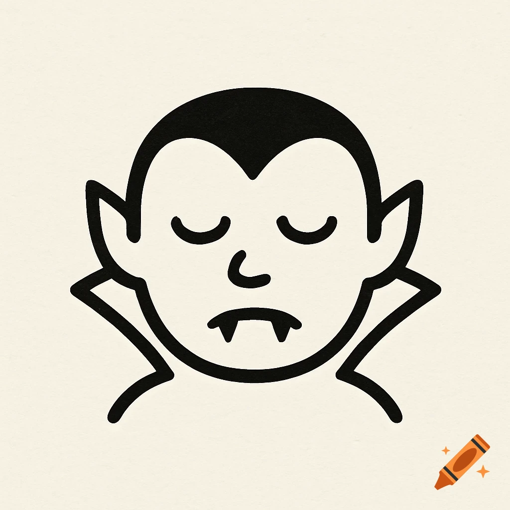 Simple black and white icon of a sleepy vampire face with fangs and a cape collar.
