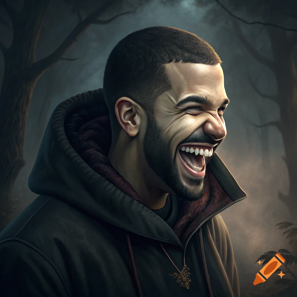 Portrait of a man with a beard and hoodie laughing intensely in a dark forest.