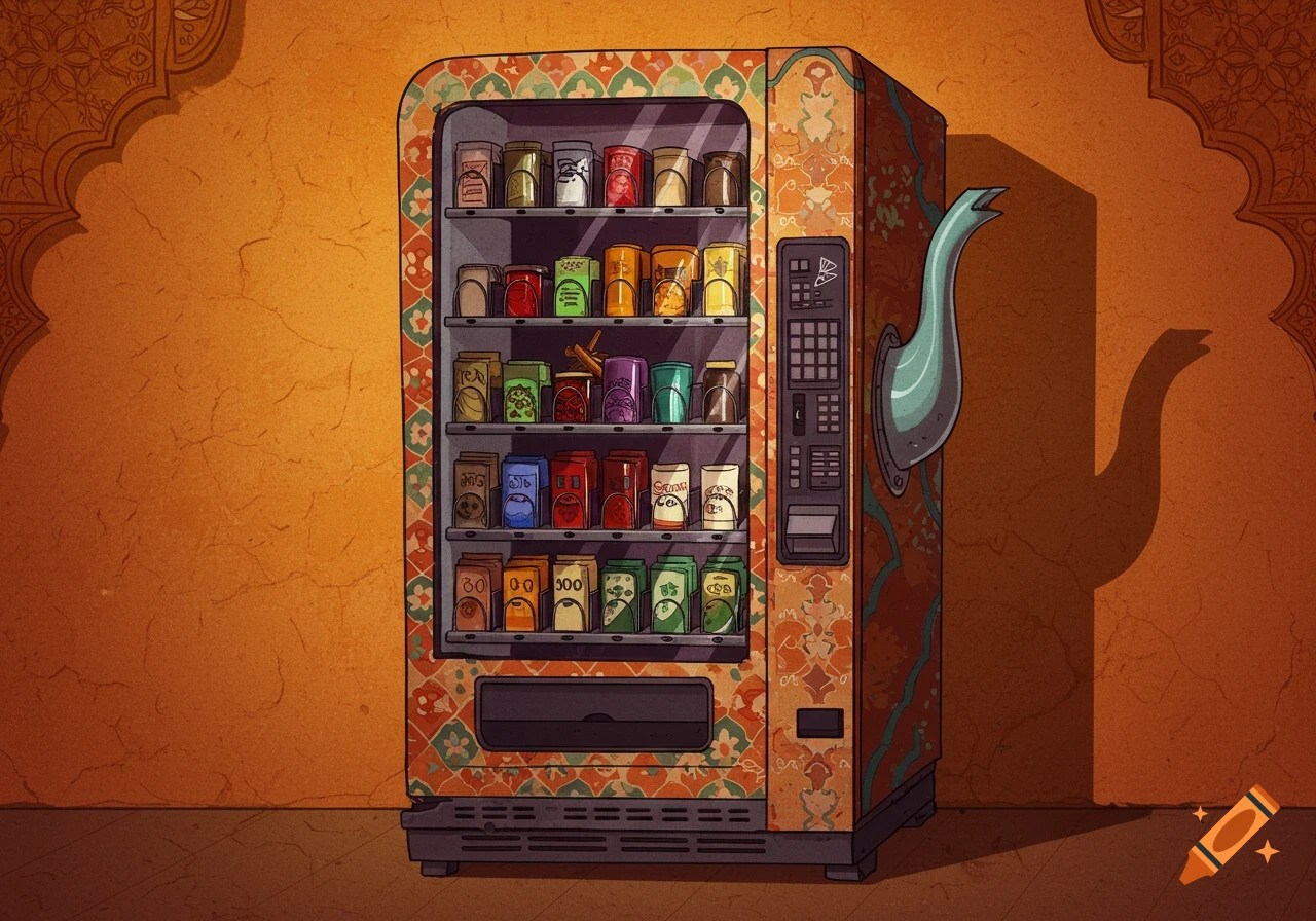Illustration of a vending machine with Moroccan patterns and a teapot spout feature against an orange wall.