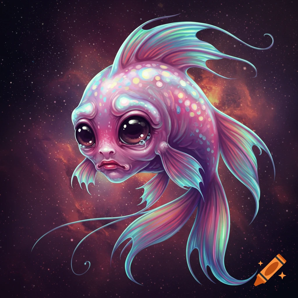 A sad pink and purple fish alien with large eyes cries in space.