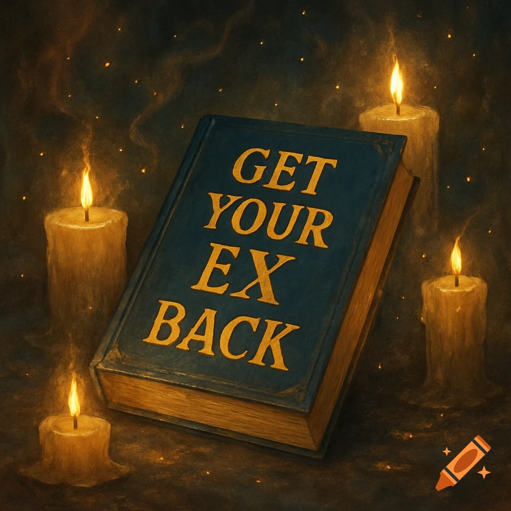 A book titled 'GET YOUR EX BACK' surrounded by lit candles in a mystical dark room.