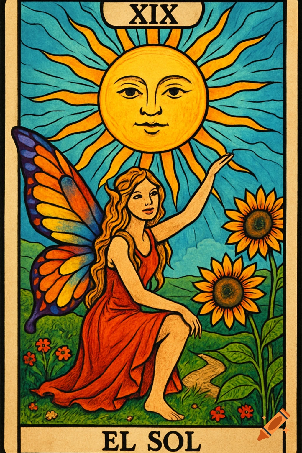Tarot card illustration of The Sun, depicting a winged figure with sunflowers under a smiling sun.
