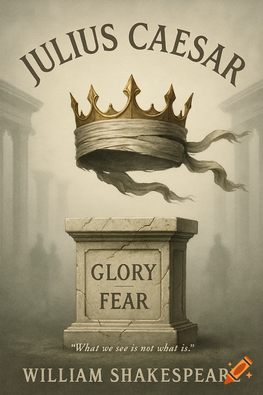 An illustration of a crown with a blindfold floating over a pedestal inscribed 'Glory Fear', with blurry figures and columns in mist.
