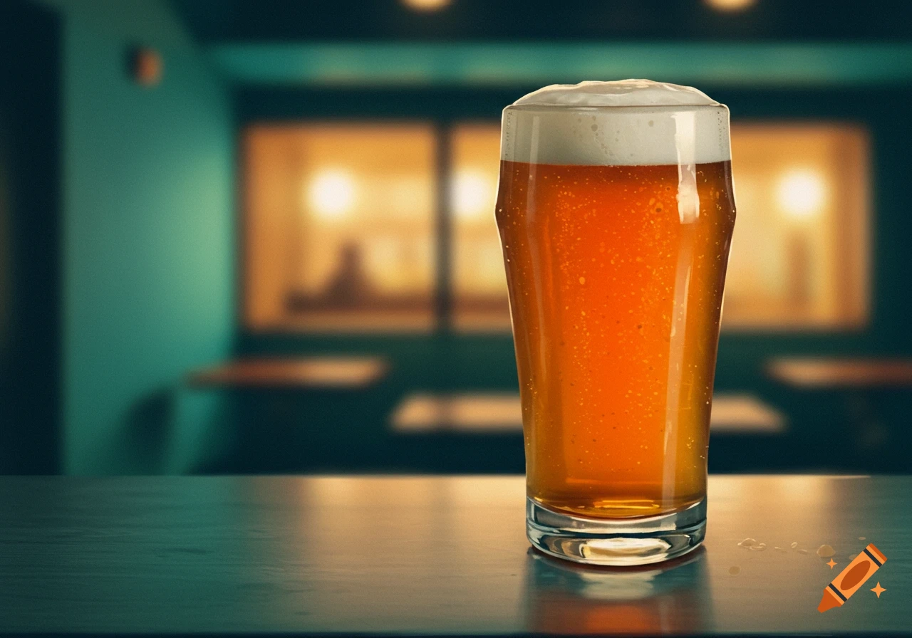 A glass of beer sits on a bar counter in a warmly lit bar with a greenish-blue wall.