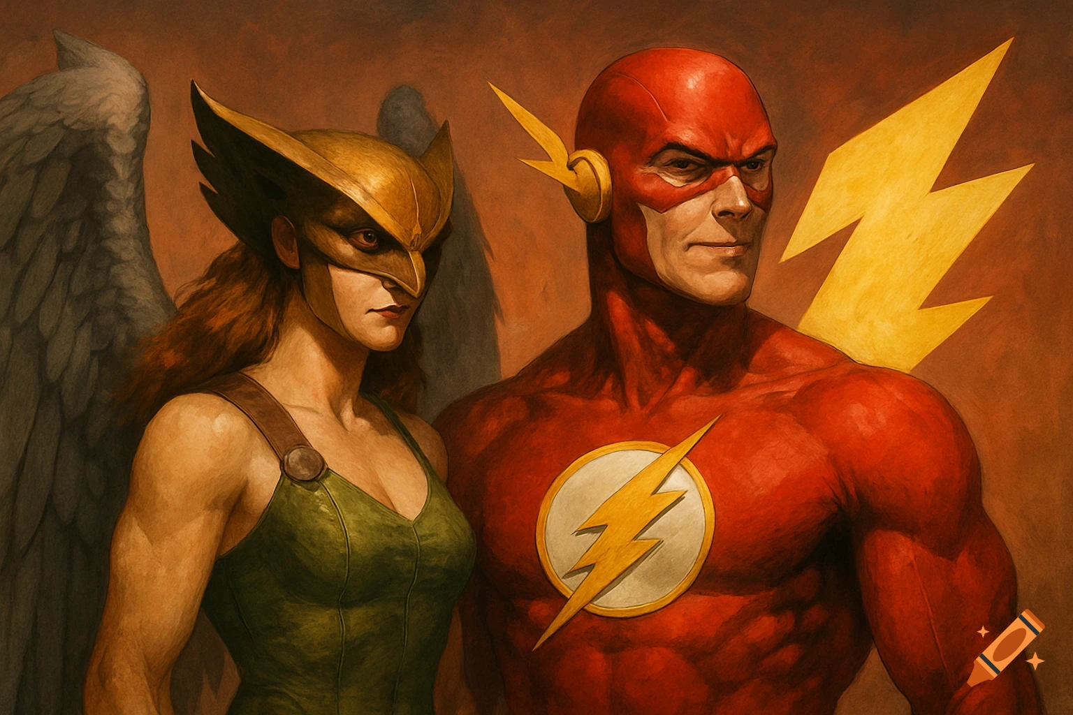 Illustration of Hawkgirl and The Flash standing together