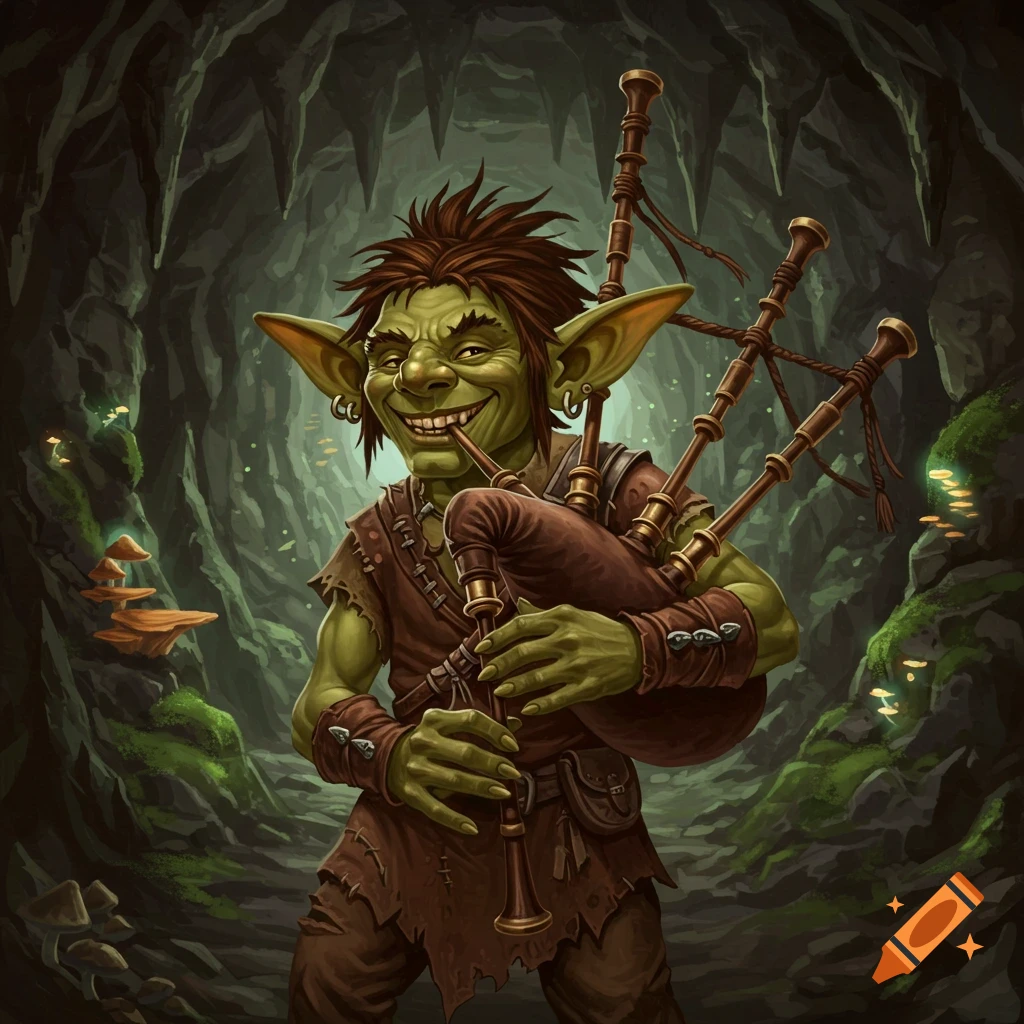 A green goblin with large ears and a wide smile plays bagpipes in a dark cave.