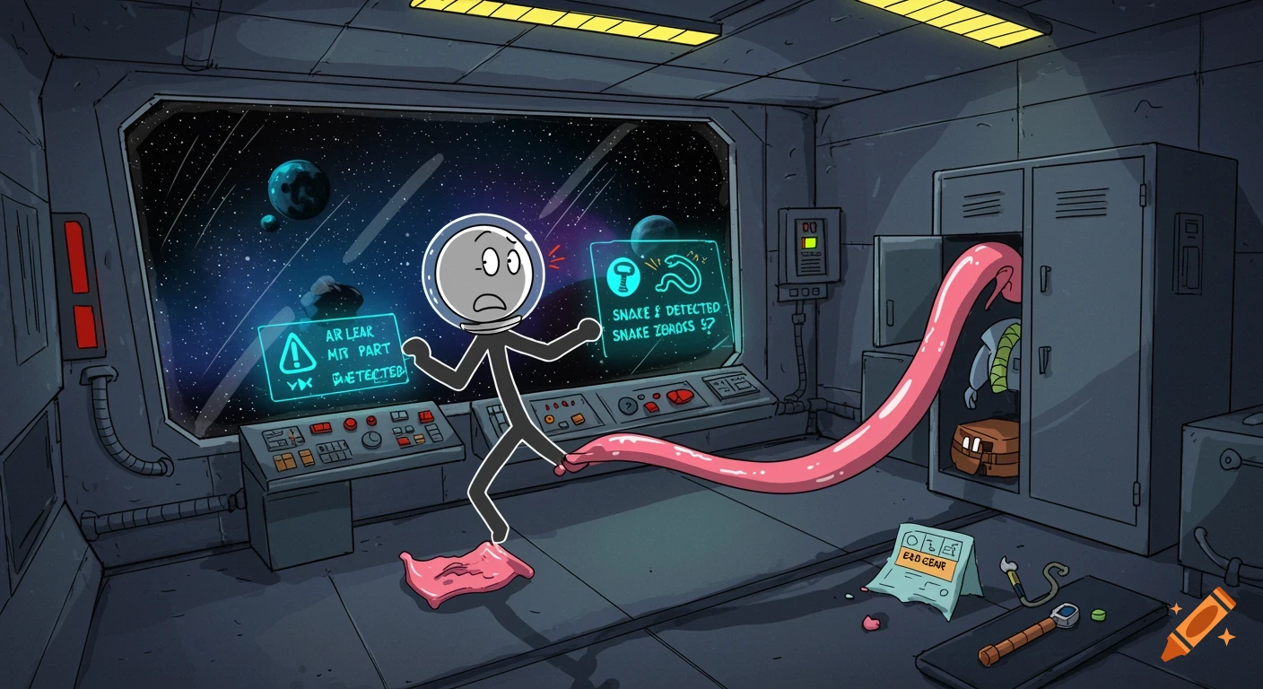 Cartoon stick-figure astronaut in a spaceship reacts to a pink worm from a locker and steps on gum.