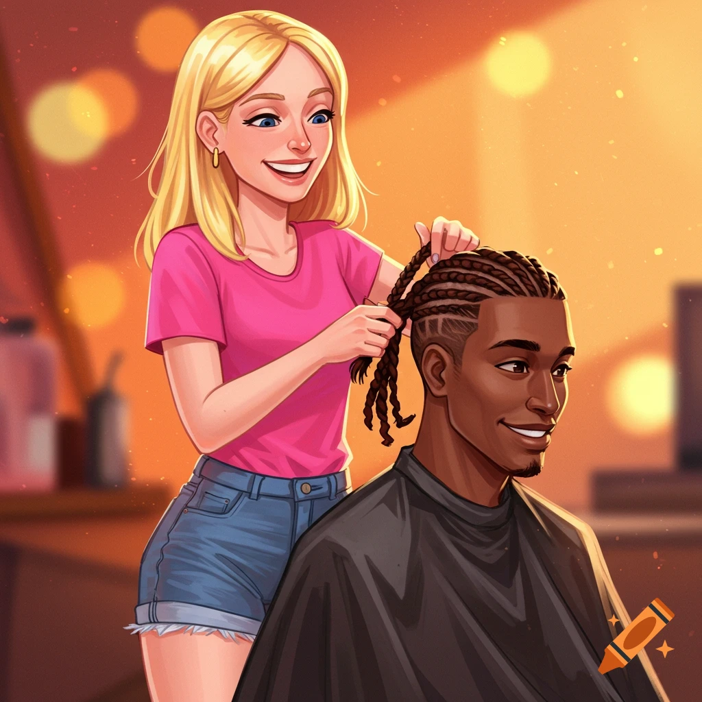 An illustration of a white woman braiding the hair of a black man in a salon.