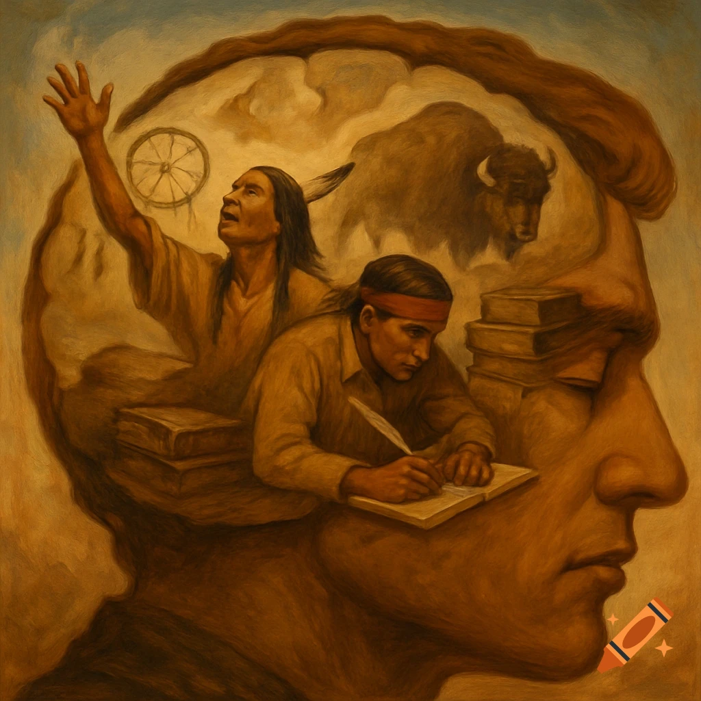 A surreal painting of a human head in profile, containing figures, books, a wheel symbol, and a buffalo.