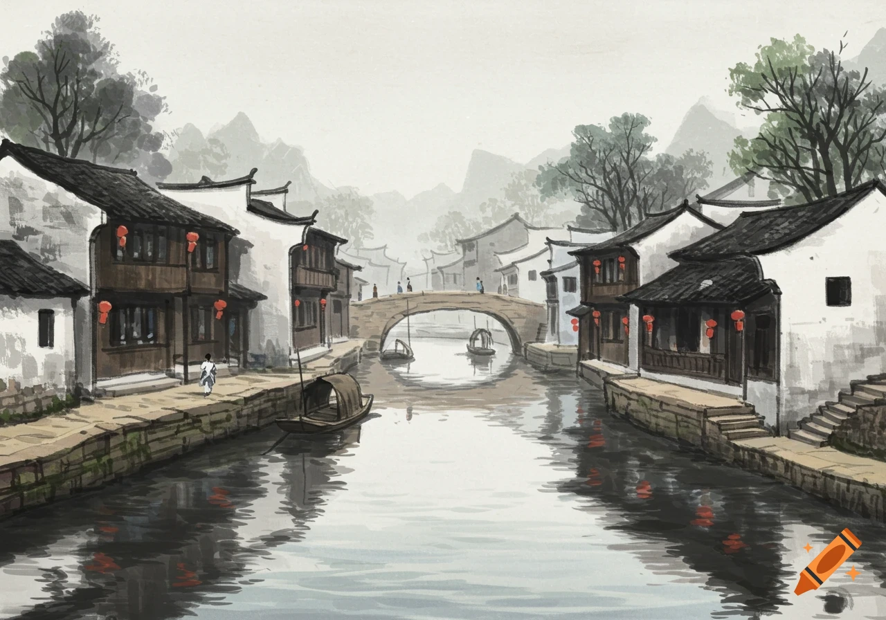 Ink wash painting of a traditional Chinese waterside town with buildings along a canal, a bridge, and boats.