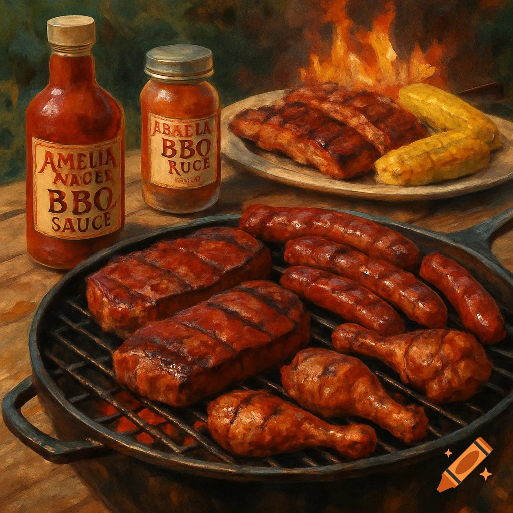 Painterly close-up of BBQ grill with steaks, sausages, and chicken drumsticks, plus ribs, corn, and sauce bottles.