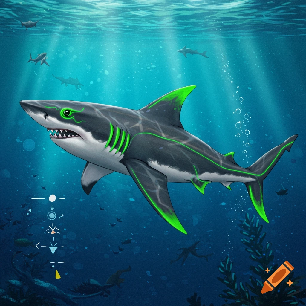 A stylized shark with green neon markings and fins swims underwater. Digital art.