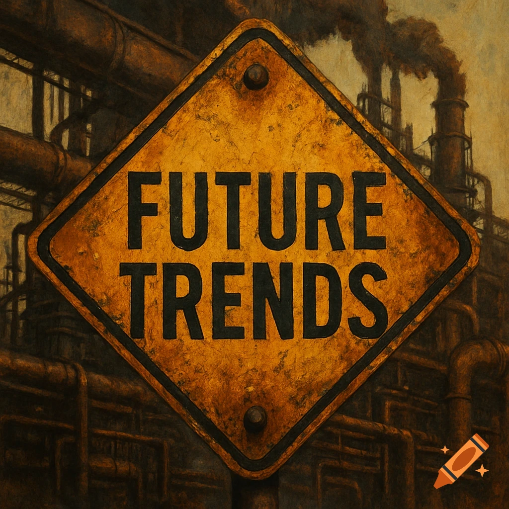 A grungy industrial sign saying FUTURE TRENDS in front of an industrial background.