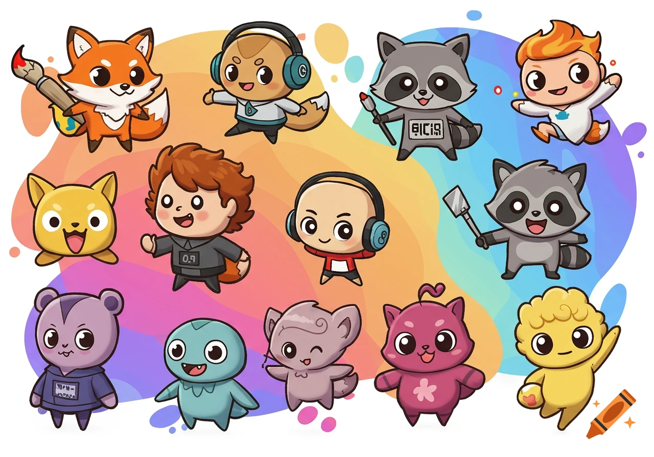 A collection of cute cartoon animal and human-like characters posing against a colorful background.