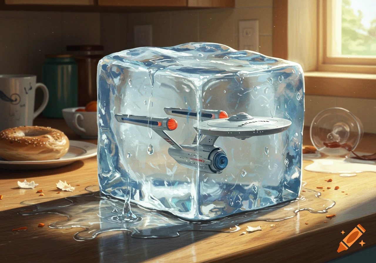 A Starship Enterprise frozen inside a large ice cube on a kitchen counter with melting water around it.