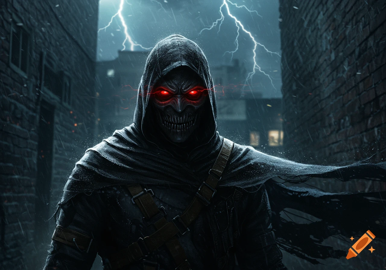 A masked figure with glowing red eyes stands in a dark, rainy alley during a lightning storm. Digital painting.