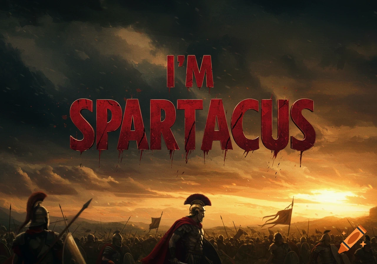 Epic battle scene at sunset with soldiers and text 'I'M SPARTACUS'.