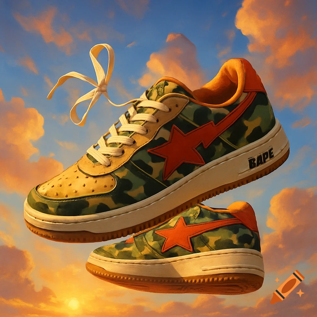 Two Bape camouflage sneakers floating in a sunrise sky