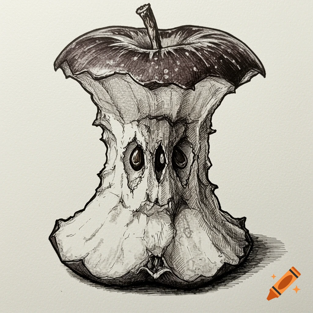 Black and white pen drawing of an apple core shaped like a face