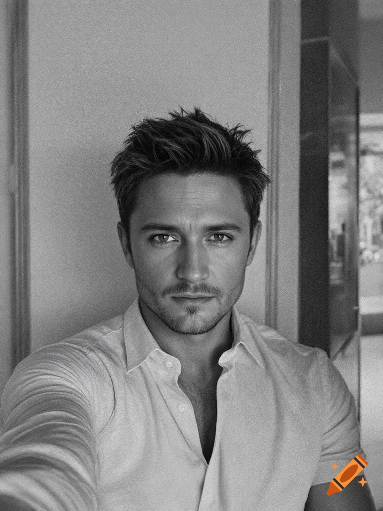 Black and white portrait of a man in a white shirt looking directly at the camera.