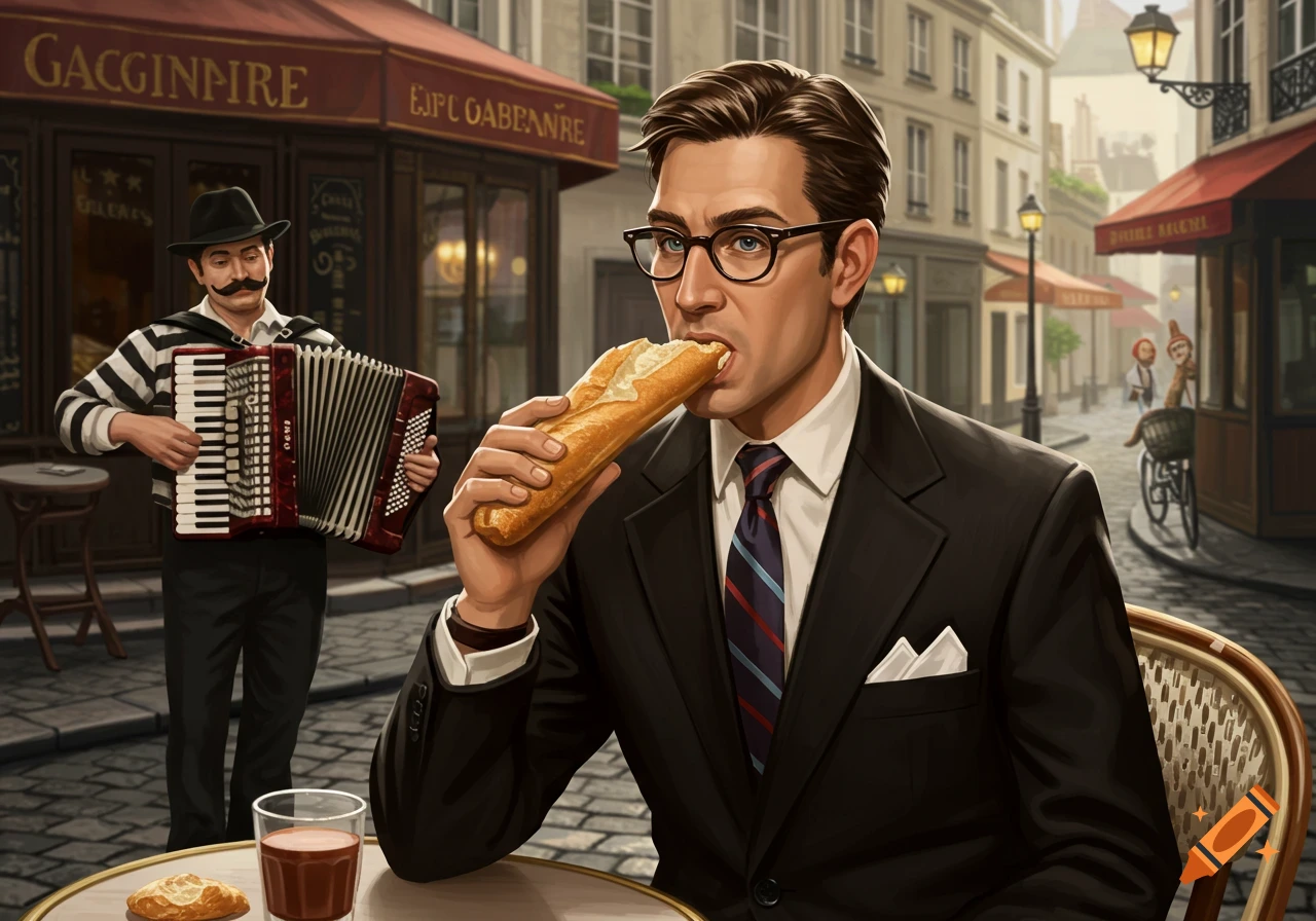 Man in suit eats baguette at outdoor cafe in Paris; musician plays accordion nearby. Illustration.
