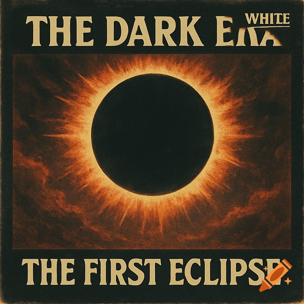 A dark, vintage-style illustration of a solar eclipse with prominent text.