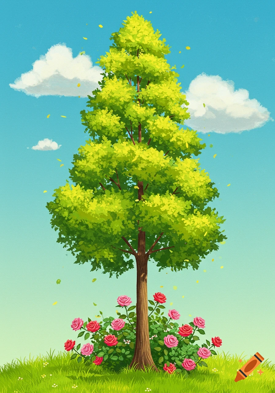 Tall tree with a bush of pink and red roses at its base, illustrated against a blue sky with clouds