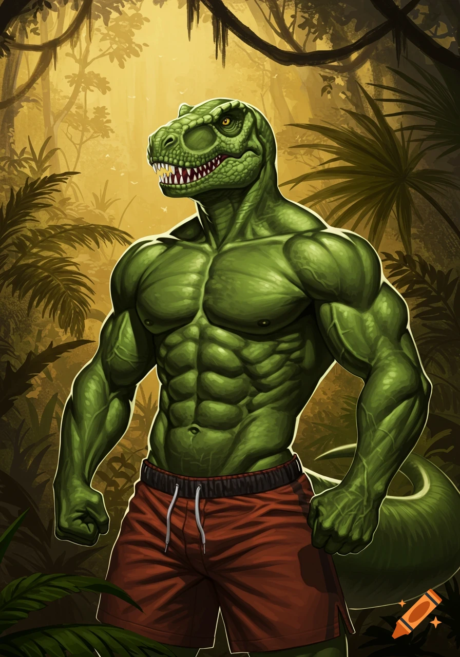 A muscular anthropomorphic green T-Rex stands in red shorts in a jungle.
