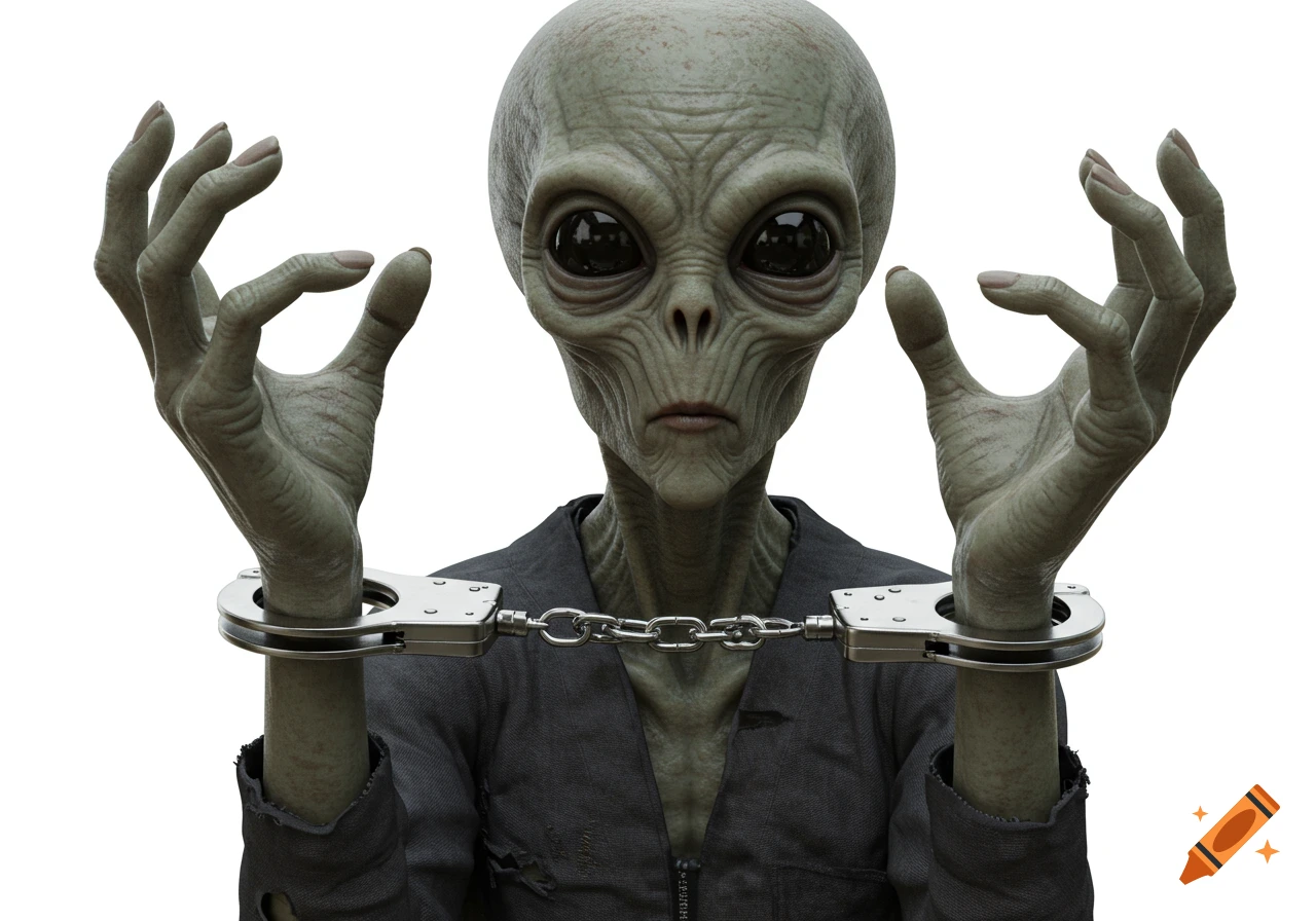 Close-up of a gray alien with large eyes wearing a dark shirt and handcuffs