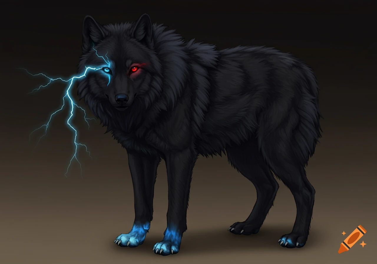 Black wolf with glowing blue and red eyes, lightning near its blue eye, and glowing blue paws.