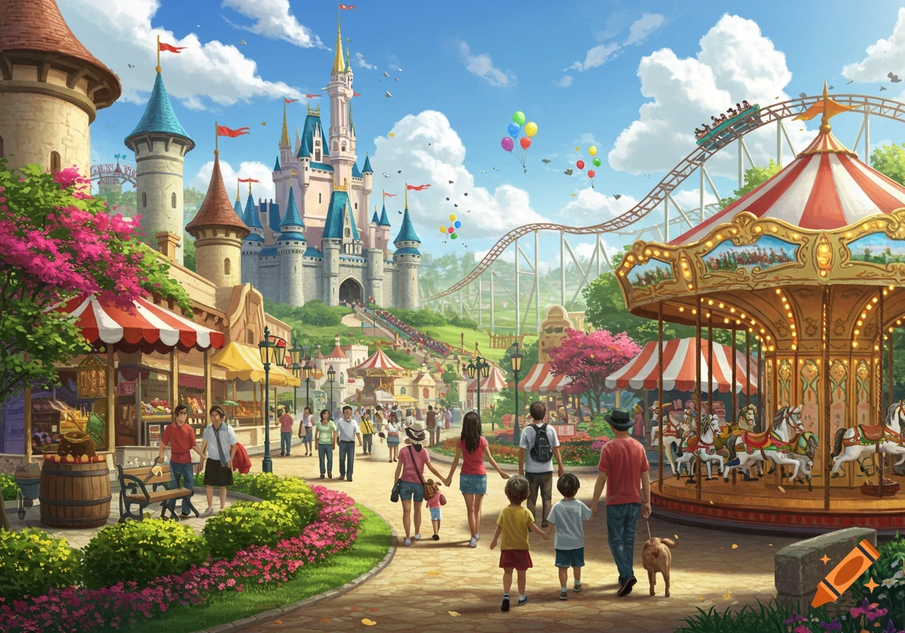 Bustling theme park scene with a castle, carousel, roller coaster, and people walking on a path under a blue sky.