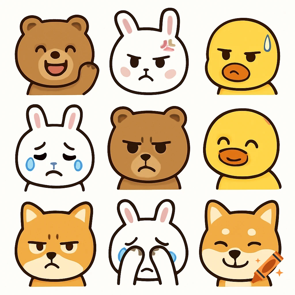 Nine cartoon animal faces expressing various emotions like happy, angry, and sad.