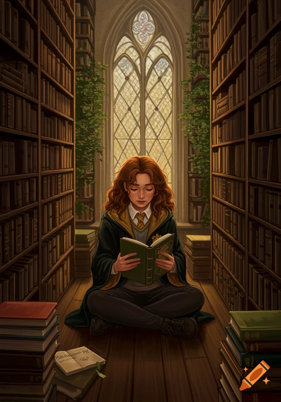 A student in green and gold robes sits cross-legged on the floor, reading a book in a large library with tall shelves and a window.