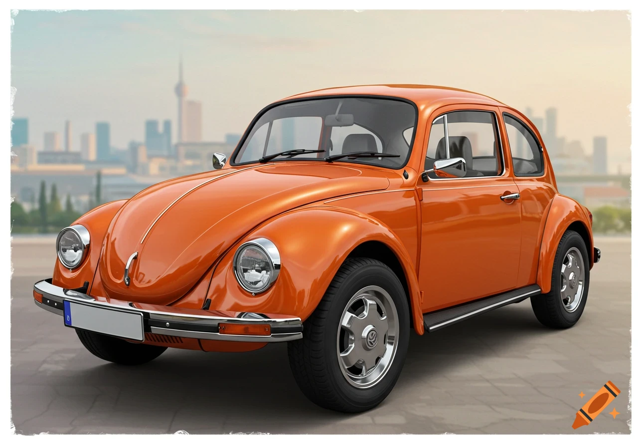 An orange Volkswagen Beetle 1200 is parked with a blurred city skyline in the background.