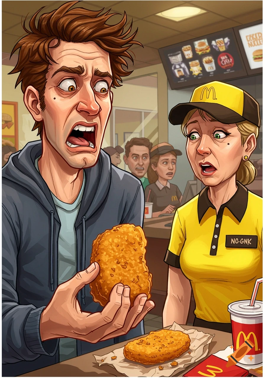 A customer holds up a large, misshapen fried item to a shocked McDonald's employee in a cartoon style.