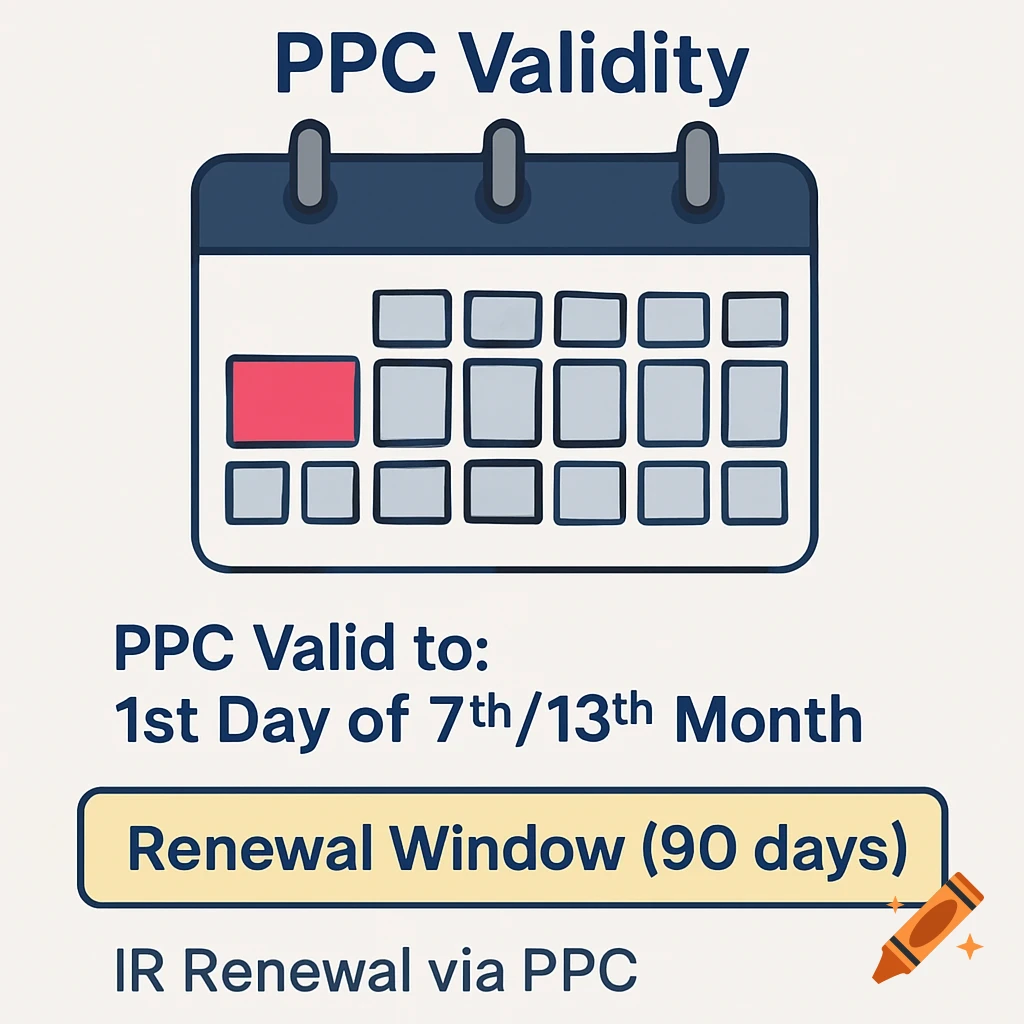 Illustration of a calendar with text about PPC validity and renewal dates.