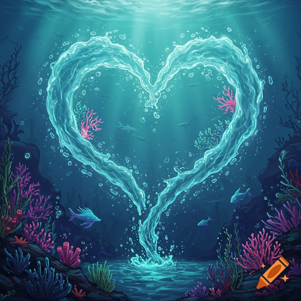 Underwater fantasy scene with a heart shape made of water, fish, and colorful coral.