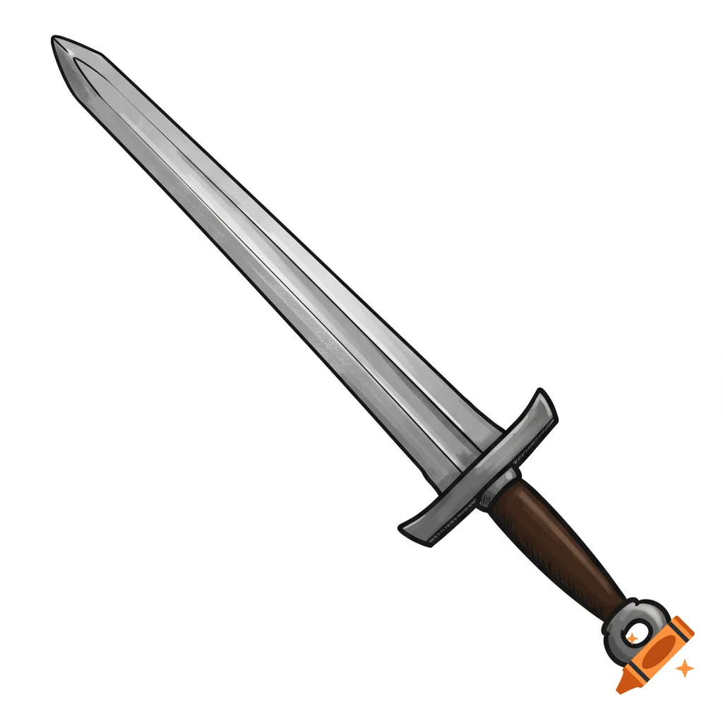 A stylized illustration of a sword on a white background.